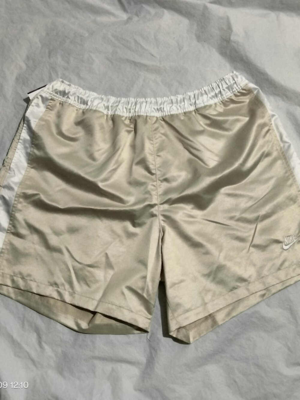 Nike Mens Satin Shorts Large Gold Khaki White Stripe Above Knee HJ1952-234 NWT